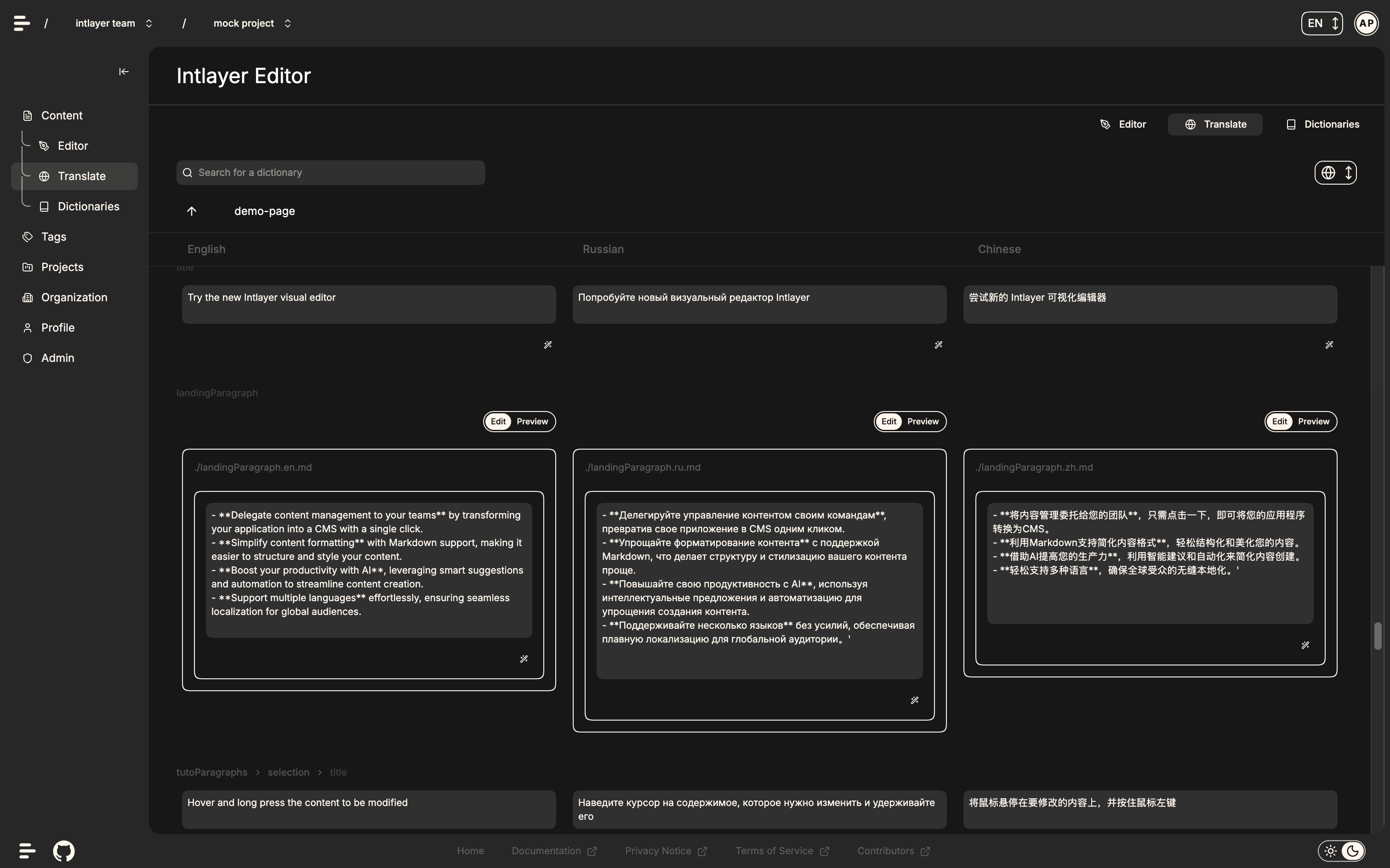 Intlayer TMS - 翻译管理界面